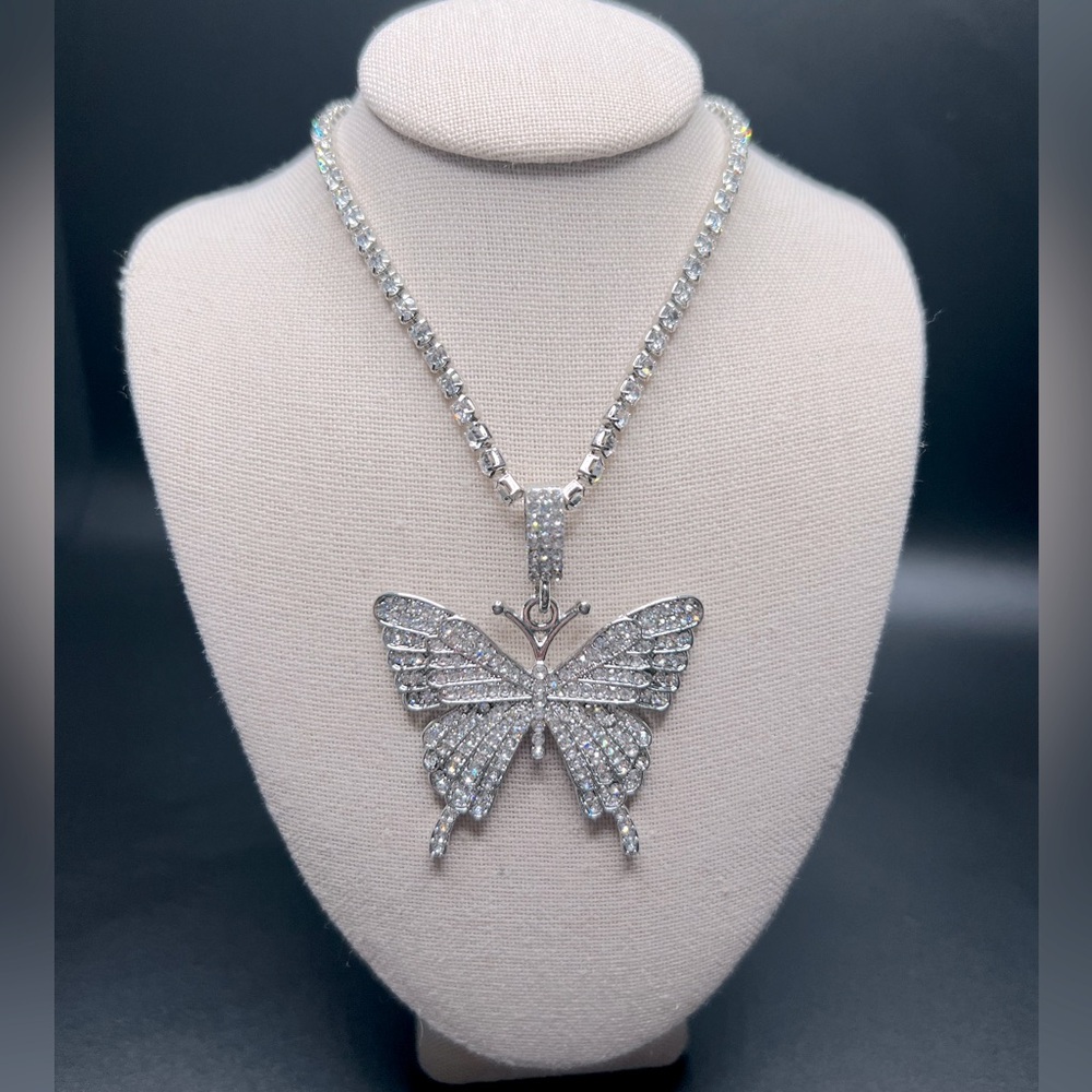 Silver Rhinestone Sparkly Statement Butterfly Necklace